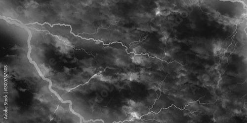 Thunder, lightnings and rain on a stormy summer night in black and white. Lightning bolts in the sky at night. 
