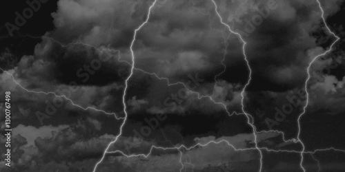 Thunder, lightnings and rain on a stormy summer night in black and white. Lightning bolts in the sky at night. 
