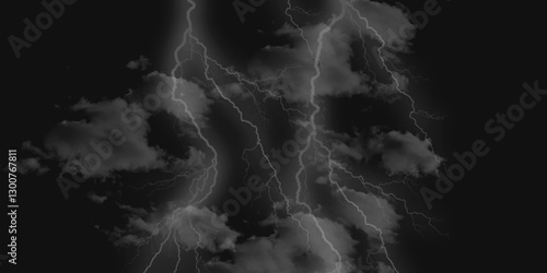 Thunder, lightnings and rain on a stormy summer night in black and white. Lightning bolts in the sky at night. 
