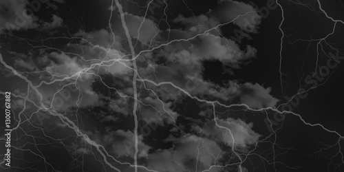 Thunder, lightnings and rain on a stormy summer night in black and white. Lightning bolts in the sky at night. 
