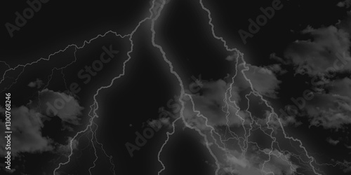 Thunder, lightnings and rain on a stormy summer night in black and white. Lightning bolts in the sky at night. 
