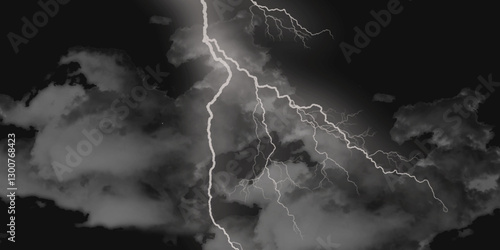 Thunder, lightnings and rain on a stormy summer night in black and white. Lightning bolts in the sky at night. 
