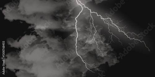 Thunder, lightnings and rain on a stormy summer night in black and white. Lightning bolts in the sky at night. 
