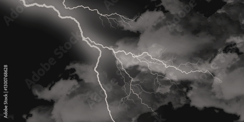 Thunder, lightnings and rain on a stormy summer night in black and white. Lightning bolts in the sky at night. 
