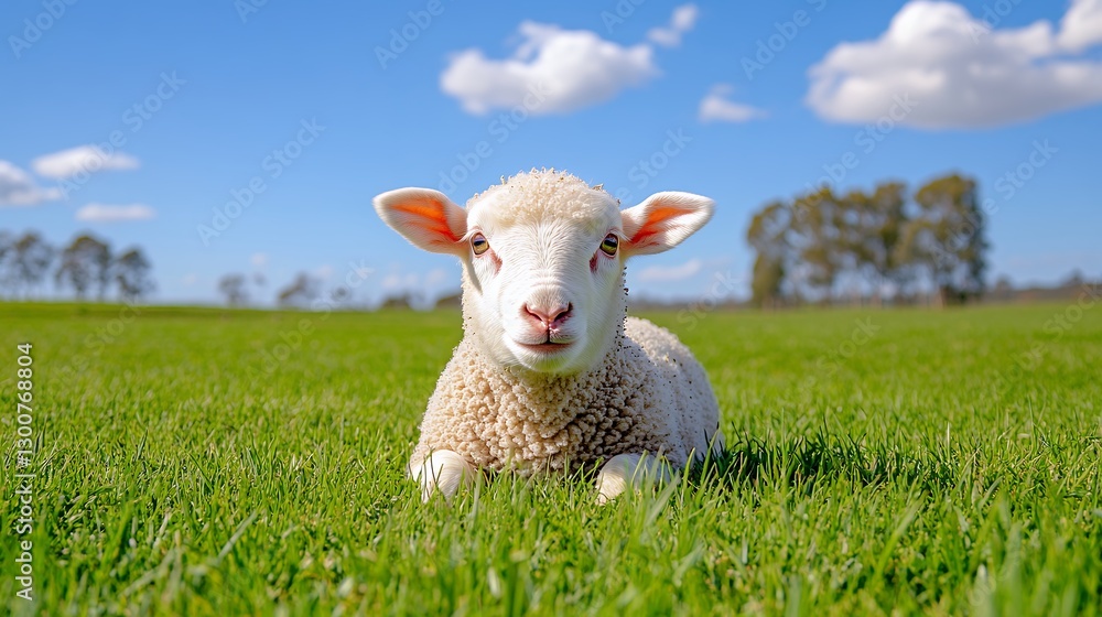 Obraz premium Adorable White Lamb In Green Pasture Under Blue Sky