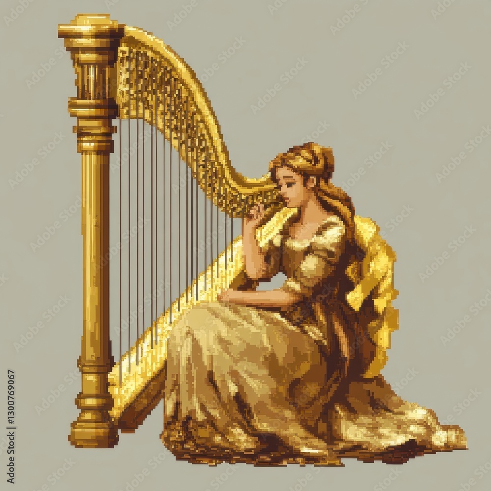 Fototapeta premium Golden Harp Woman Gracefully Plays Melodious Tune