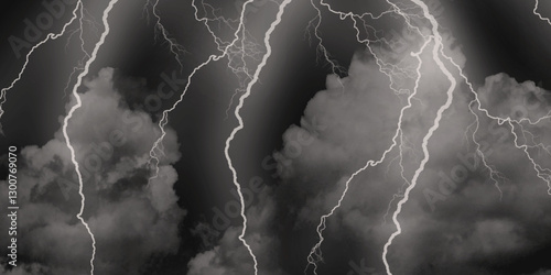 Thunder, lightnings and rain on a stormy summer night in black and white. Lightning bolts in the sky at night. 
