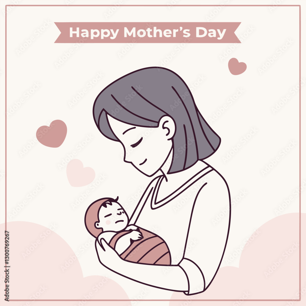 Happy Mother's Day Illustration Featuring a Woman Holding a Sleeping Baby, Surrounded by Heart Shapes, Representing Love and Family Bond Happy Mother's Day Illustration Featuring a Woman Holding a Sleeping Baby, Surrounded by Heart Shapes, Representing Love and Family Bond