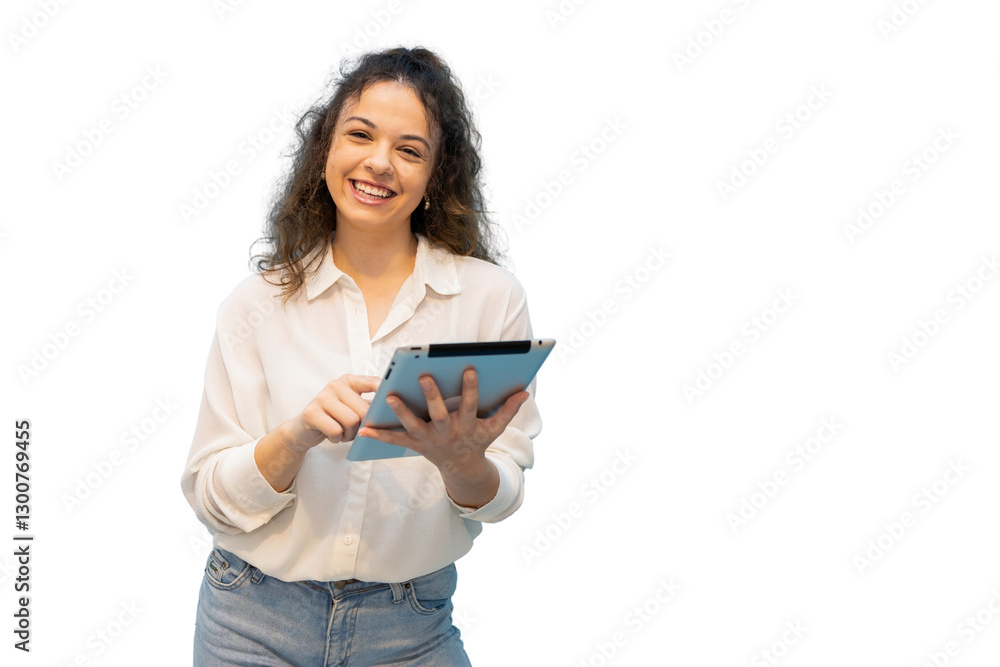 Smiling businesswoman using tablet with transparent background Smiling businesswoman using tablet with transparent background