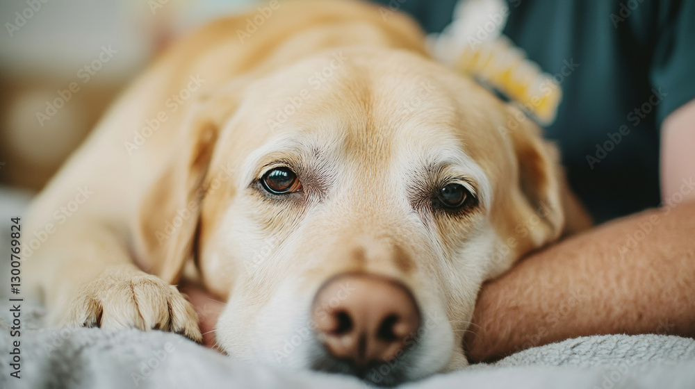 Obraz premium Senior labrador leaning against volunteer's arm, seeking solace inside quiet animal shelter, showcasing gentle bond