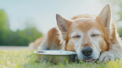 Brown senior dog sleeping peacefully on grass with closed eyes next to a bowl after eating a meal outdoors in nature