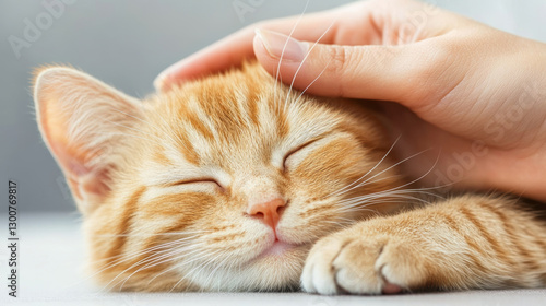 Wallpaper Mural Ginger Scottish Fold cat lying with closed eyes while owner gently petting its head, neutral gray blue background Torontodigital.ca