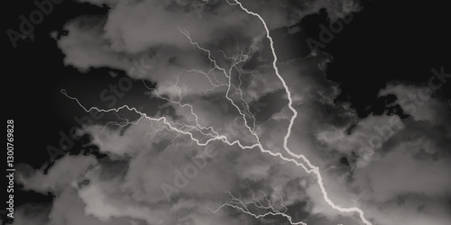 Thunder, lightnings and rain on a stormy summer night in black and white. Lightning bolts in the sky at night. 
