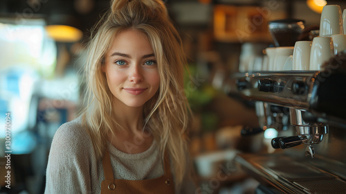  Beautiful barista smiling behind a coffee machine.