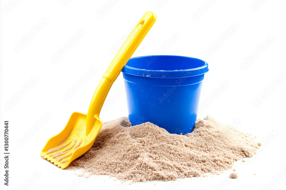 Blue bucket with yellow shovel on sand beach isolated on white background. Blue bucket with yellow shovel on sand beach isolated on white background.
