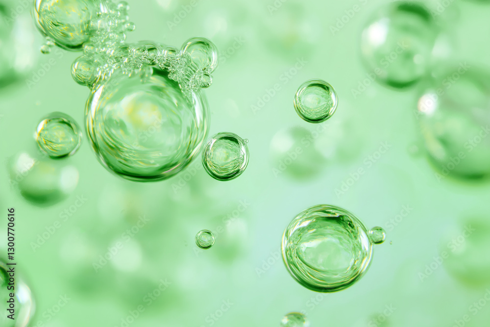 Close up abstract clear green serum bubbles in cosmetic gel Close up abstract clear green serum bubbles in cosmetic gel
