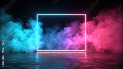 a square neon sign is in the center of the image, with smoke in vibrant colors enveloping it, creates a modern and dynamic feel. The dark background accentuates the vivid colors