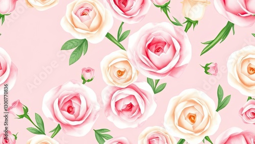 Pretty Pink and Peach Roses Seamless Pattern Floral Background Watercolor Style Romantic Flowers