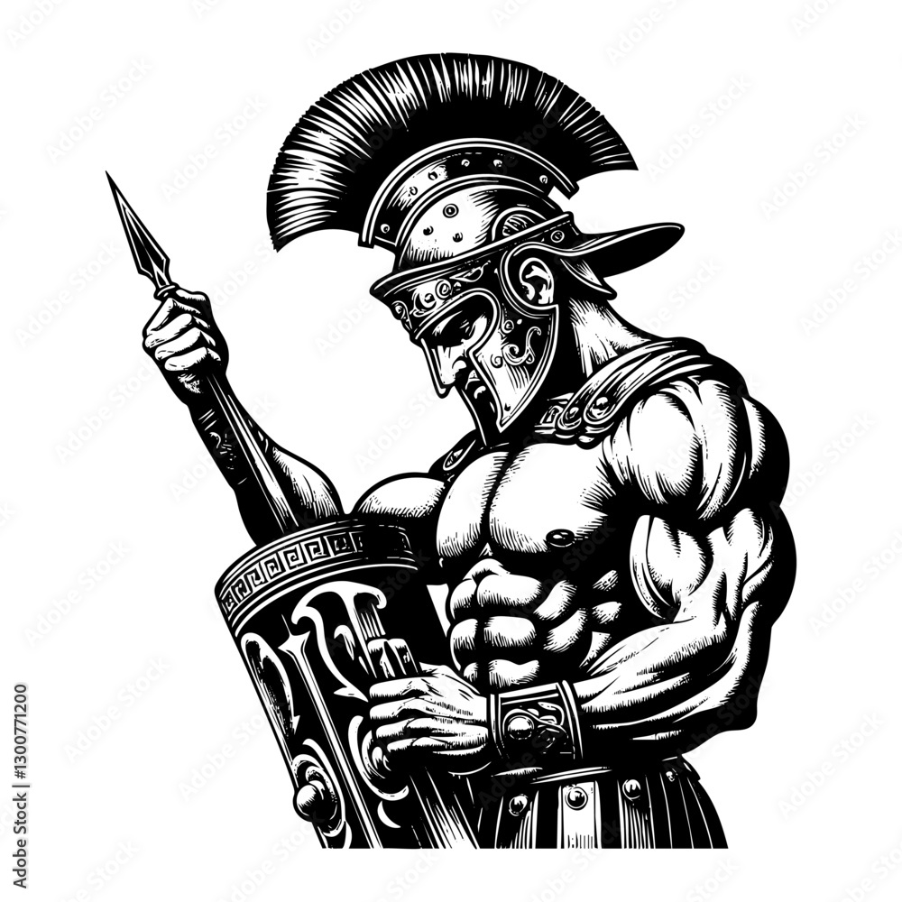 Fototapeta premium Spartan warrior engraving black and white outline. Scratch board imitation. illustrated in vintage line art style on a white background. 