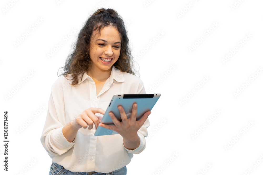 Smiling businesswoman using digital tablet with transparent background Smiling businesswoman using digital tablet with transparent background