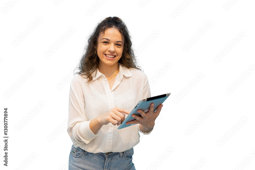 Smiling businesswoman using tablet with transparent background Smiling businesswoman using tablet with transparent background