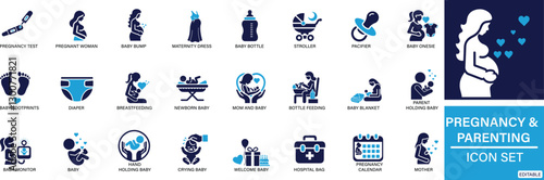  Pregnancy & Parenting icon set Pregnancy Test, Baby Bottle, Stroller, Pacifier, Baby Onesie, Baby Footprints, Pregnant Woman, You can easily change the color.