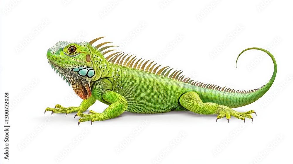 Fototapeta premium A vibrant green iguana posed gracefully, showcasing intricate details of its scales and striking features on a clean white background.