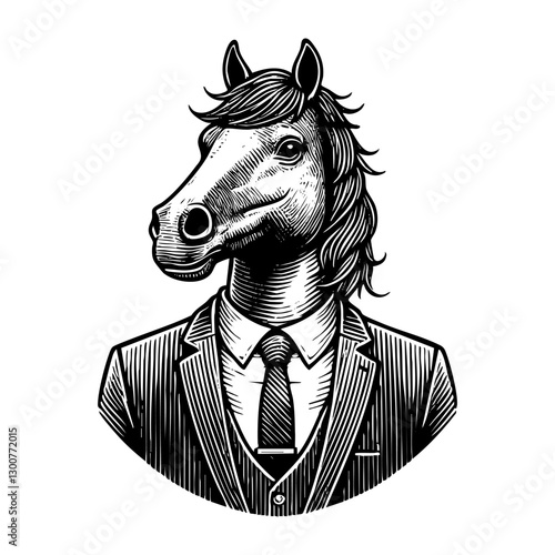 Businessman horse head engraving black and white outline. Scratch board imitation.  illustrated in vintage line art style on a white background.