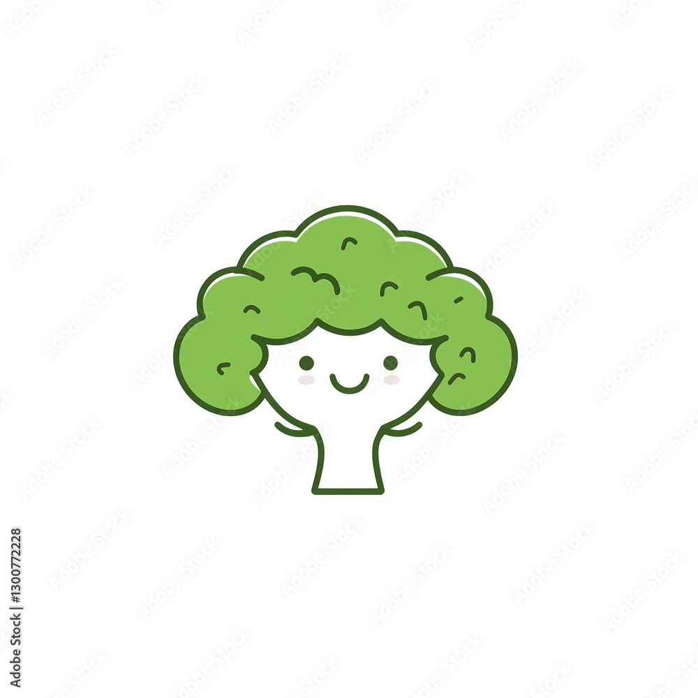 Adorable cartoon broccoli, a cheerful green veggie with a smiling face, set against a plain white backdrop.  Enjoy healthy eating!