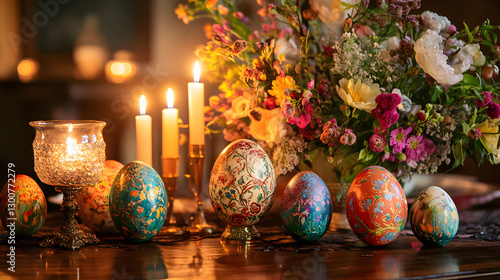 An elegant Easter table with hand-painted eggs, sparkling candles, and a fresh arrangement of spring flowers, ideal for a sophisticated holiday gathering. photo