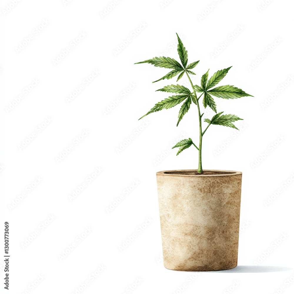 Fototapeta premium A vibrant green plant grows in a textured clay pot, symbolizing growth, nature, and tranquility in a minimalist setting.