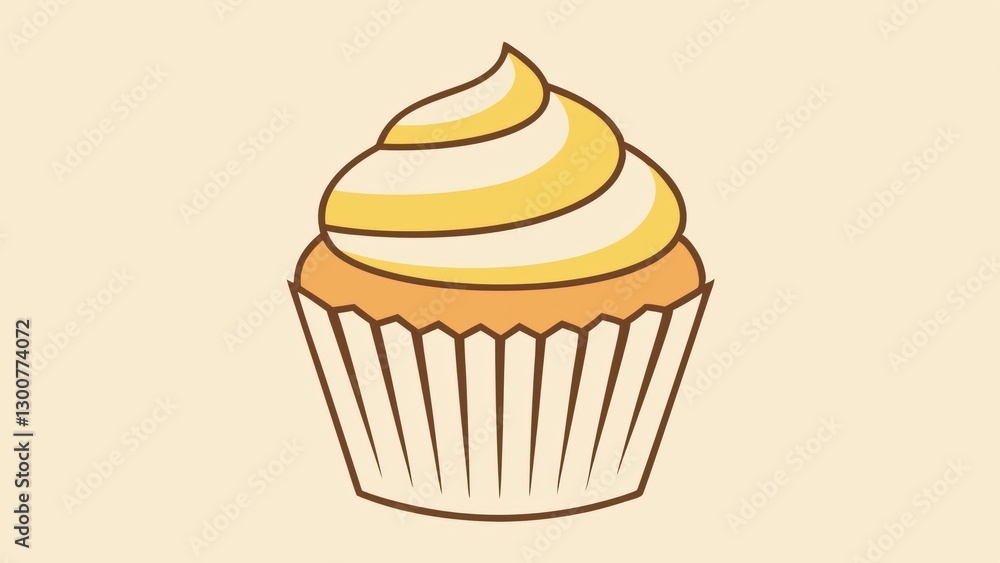 a single cupcake with a swirl of creamy frosting in a paper cup. The cupcake sitting on a beige background a single cupcake with a swirl of creamy frosting in a paper cup. The cupcake sitting on a beige background