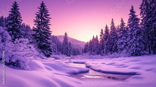 Snowy trees stand tall in a tranquil winter forest where a stream lies frozen and unmoving photo