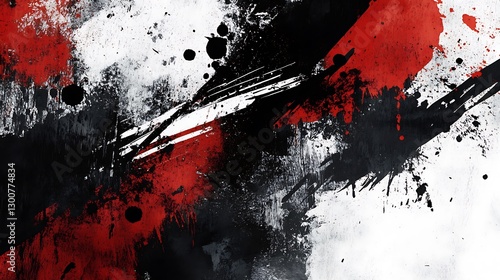 A grunge-inspired banner with rough textures and bold splashes of black, red, and white paint