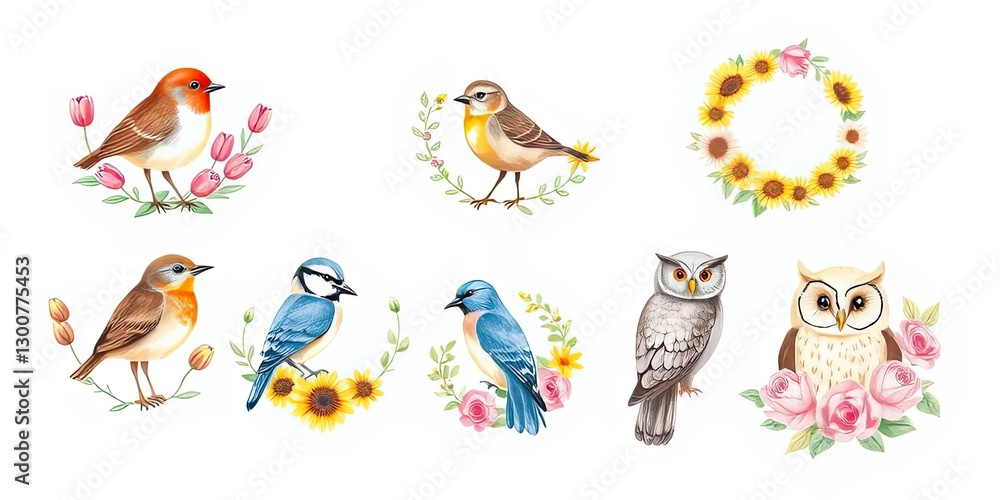 Obraz premium Watercolor Birds Floral Wreaths Spring Summer Autumn Design Elements