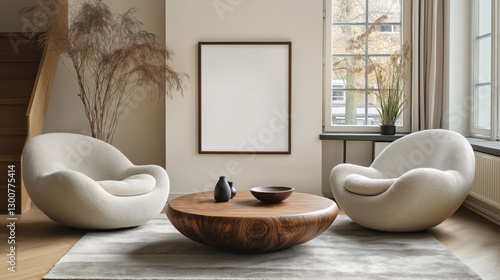 Mesa baja redonda de madera cerca del sofá y sillón contra la ventana y la pared con un marco de póster en blanco. Diseño interior escandinavo de sala de estar moderna.