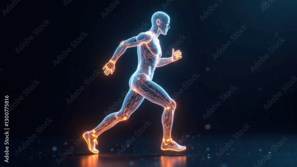 Fototapeta premium Abstract hologram of a human figure in motion. Ideal for fitness, AI and digital technology topics.