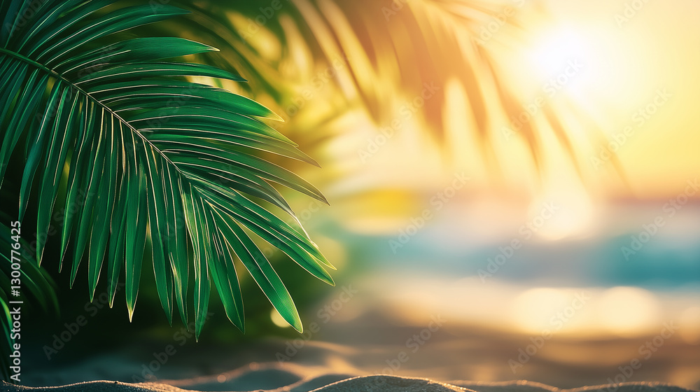 Fototapeta premium Lush green palm leaves framing a serene beach scene at sunset, with soft bokeh lights creating a tranquil atmosphere