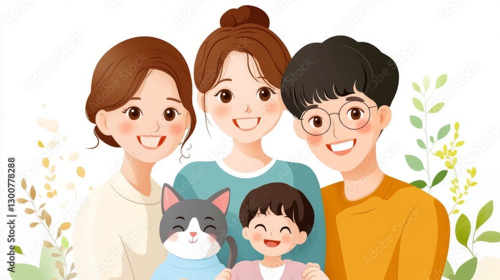 Happy Family Portrait with Cat and Child Surrounded by Nature Elements and Smiling Faces Happy Family Portrait with Cat and Child Surrounded by Nature Elements and Smiling Faces