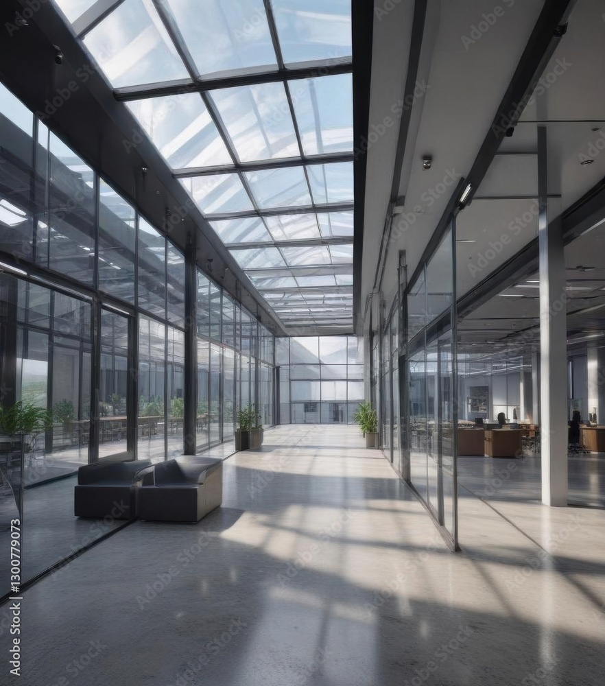 Obraz premium Minimalist office building with a sleek, modern design and a glass roof, interior design, modern architecture, business center