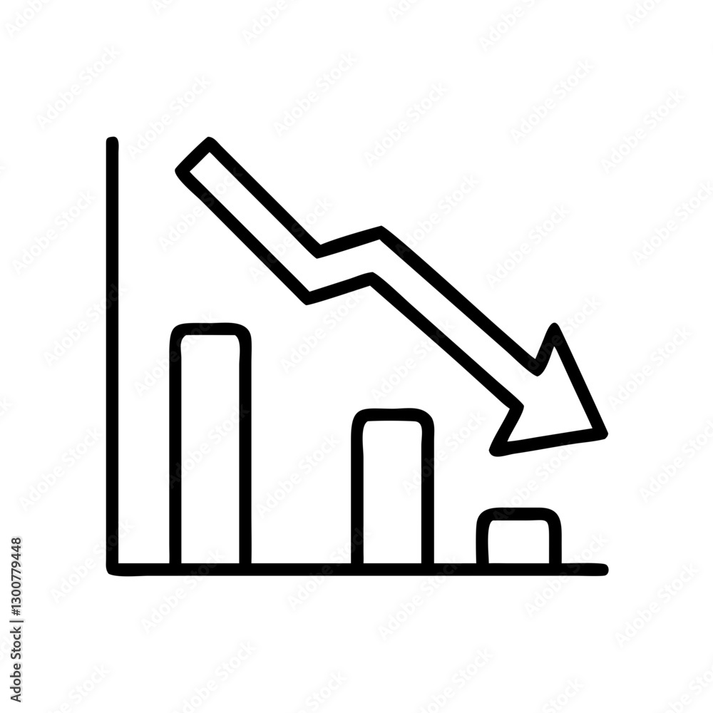 Declining graph icon with downward arrow, symbolizes economic downturn, black outline, modern design Declining graph icon with downward arrow, symbolizes economic downturn, black outline, modern design