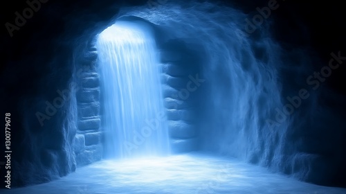Blue Waterfall Illuminates Dark Cave Interior