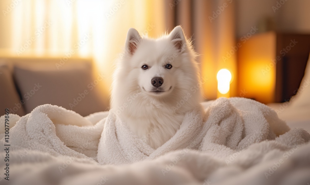 Cozy White Dog Wrapped in Blanket with Warm Indoor Lighting Cozy White Dog Wrapped in Blanket with Warm Indoor Lighting