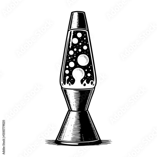 Lava lamp sketch engraving black and white outline. Scratch board imitation.  illustrated in vintage line art style on a white background.