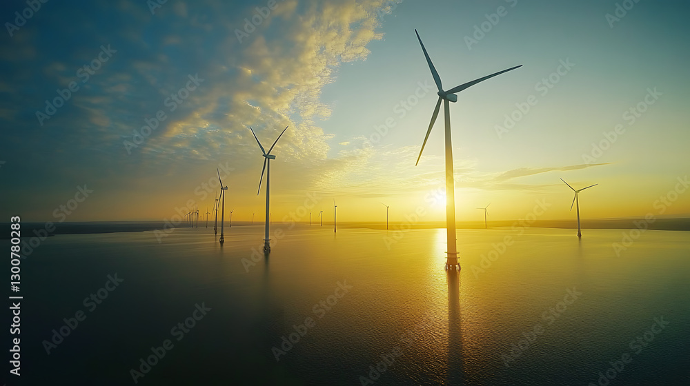 Obraz premium An ultra-wide drone shot of an offshore wind farm, the rotating blades reflecting golden light over the deep sea.