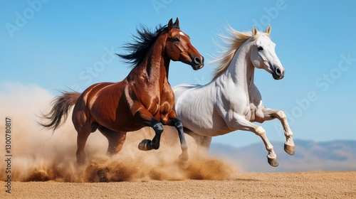 Dynamic duo of brown and white horses galloping on desert landscape