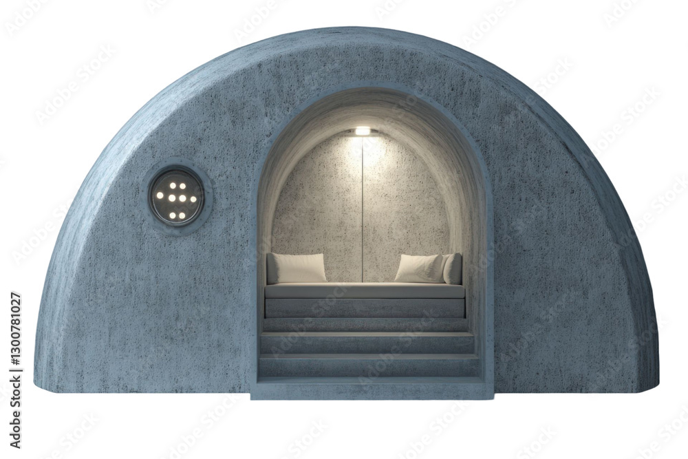 Fototapeta premium Isolated Concrete Shelter Interior With Built In Seating Area and Spotlight in Modern Architecture
