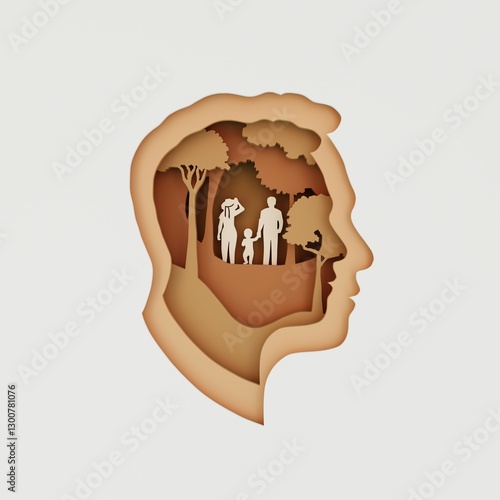 llustration of male outline in 3D paper style. Silhouette of father and mother with child in park. Family outdoors at sunset. Happy Father's Day. Family day. 3D rendering.
