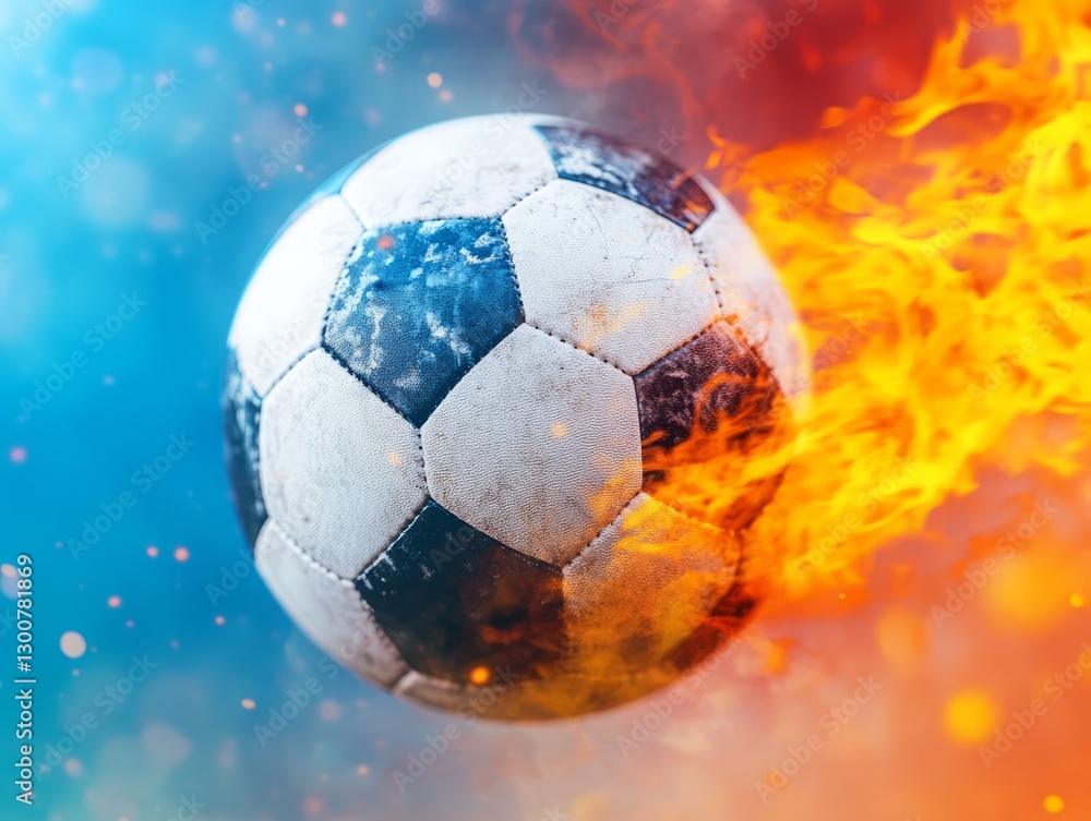 Naklejka premium Soccer Ball in Motion Surrounded by Vibrant Flames and Colorful Blue Background