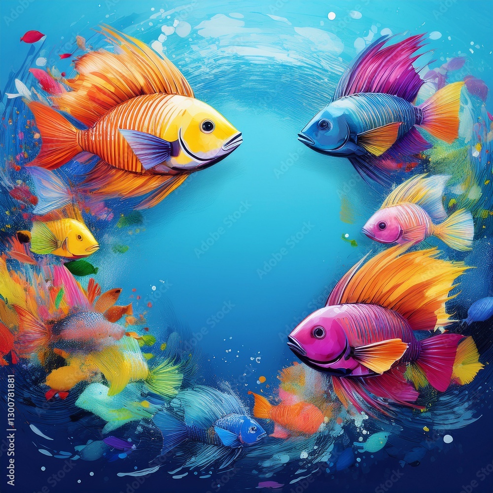 Fototapeta premium border frame of colorful tropical fish background with copy space